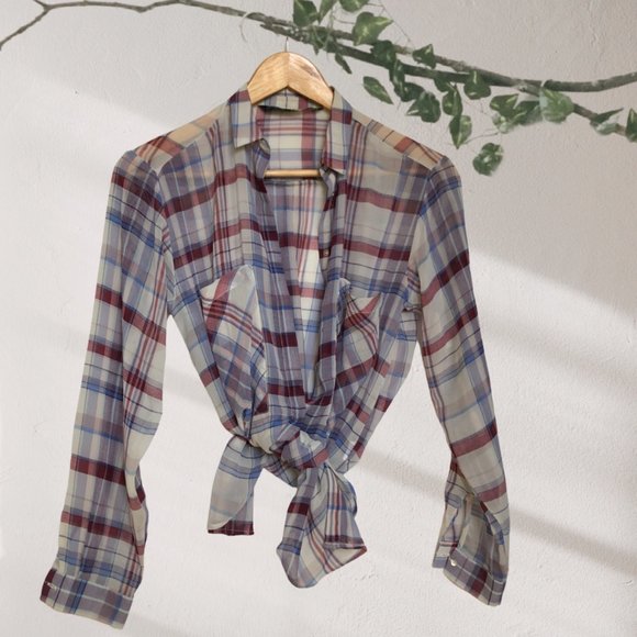 Zara Oversized Button-Down Sheer Blouse, Blue Plaid Print Top, Size XSmall - Picture 1 of 8